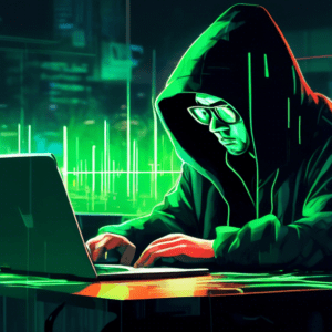 A shadowy figure in a hoodie hunches over a laptop glowing with lines of green code, the reflection of the North Korean flag shimmering in their glasses as they impersonate a remote worker in a bustli