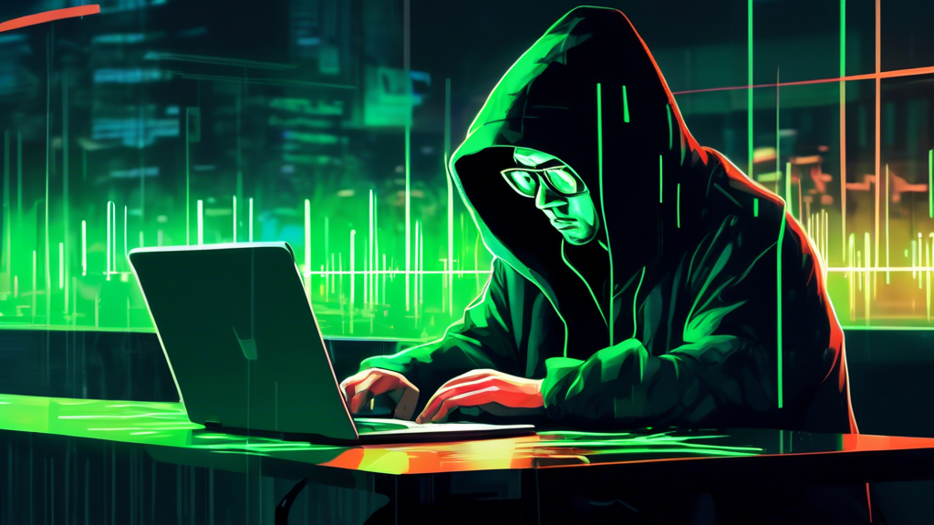 A shadowy figure in a hoodie hunches over a laptop glowing with lines of green code, the reflection of the North Korean flag shimmering in their glasses as they impersonate a remote worker in a bustli