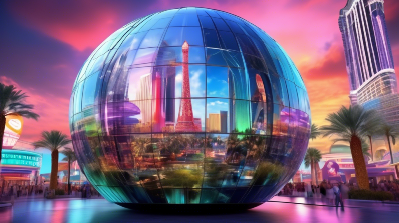 A giant spherical structure displaying photorealistic graphics powered by Nvidia A6000 GPUs, Las Vegas strip in the background.