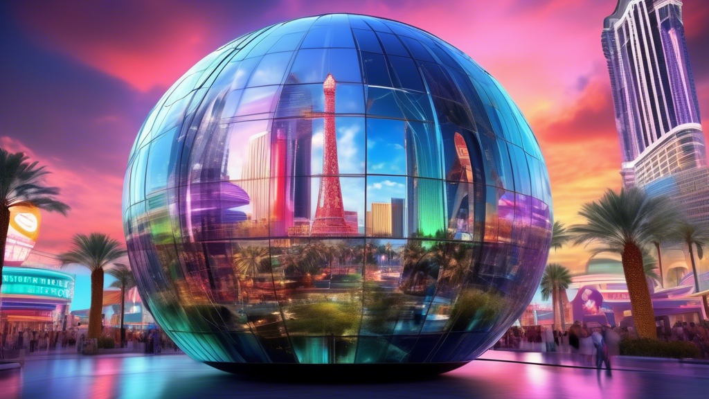 A giant spherical structure displaying photorealistic graphics powered by Nvidia A6000 GPUs, Las Vegas strip in the background.