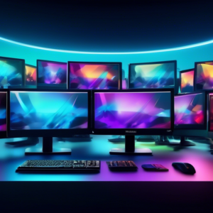 A crowded market of computer monitors with a single spotlight shining on a sleek 4k monitor with the Philips logo.