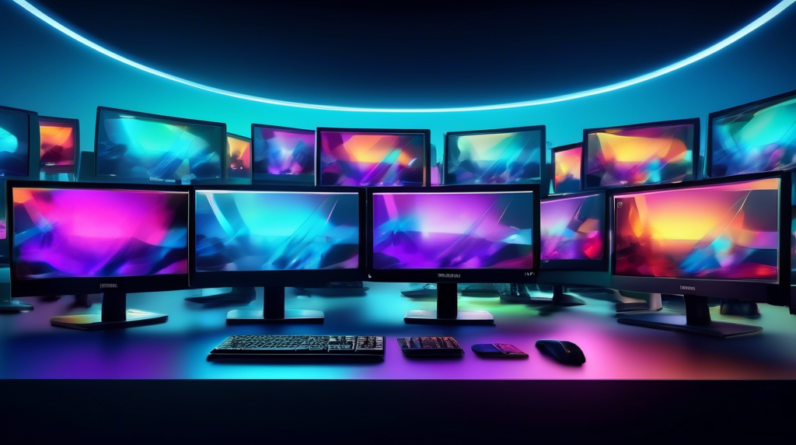 A crowded market of computer monitors with a single spotlight shining on a sleek 4k monitor with the Philips logo.
