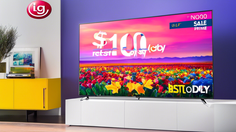 A stunning LG C3 OLED TV with a price tag of $1000 off, with a Best Buy logo and Post-Prime Day Sale banner in the background.