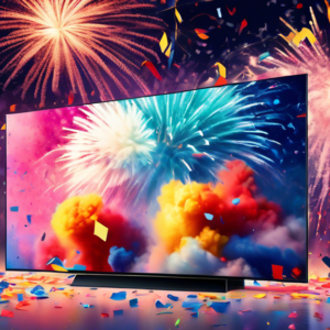 A sleek Samsung QN90C 4K TV with a glowing price tag of $600 off leaning against it, set against a backdrop of exploding fireworks and confetti raining down, with the Best Buy logo subtly in the backg