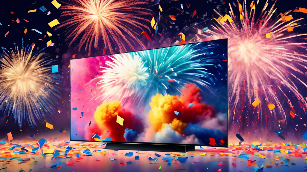 A sleek Samsung QN90C 4K TV with a glowing price tag of $600 off leaning against it, set against a backdrop of exploding fireworks and confetti raining down, with the Best Buy logo subtly in the backg