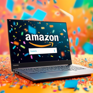 A Lenovo laptop with an Amazon Prime logo on the screen, surrounded by confetti and discount signs, with a blurred Amazon delivery box in the background.