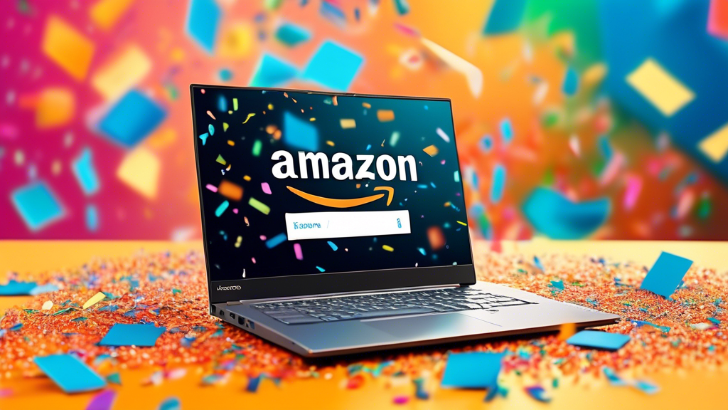 A Lenovo laptop with an Amazon Prime logo on the screen, surrounded by confetti and discount signs, with a blurred Amazon delivery box in the background.