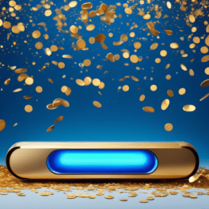 A Samsung soundbar levitating in a living room with a glowing blue Dolby Atmos logo above it, surrounded by floating gold coins and exploding confetti against a backdrop of a starry Prime Day sale ban