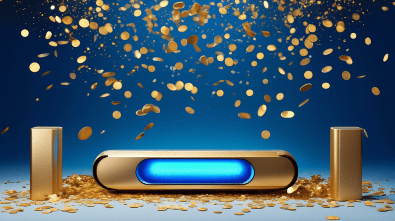 A Samsung soundbar levitating in a living room with a glowing blue Dolby Atmos logo above it, surrounded by floating gold coins and exploding confetti against a backdrop of a starry Prime Day sale ban