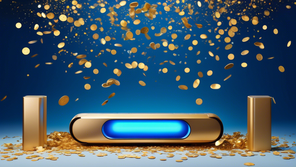A Samsung soundbar levitating in a living room with a glowing blue Dolby Atmos logo above it, surrounded by floating gold coins and exploding confetti against a backdrop of a starry Prime Day sale ban