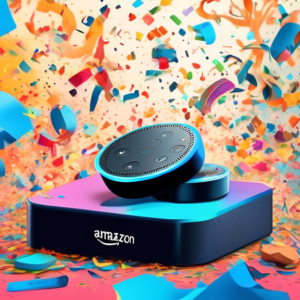 A chaotic pile of Amazon Echo Dots, Blink cameras, and Fire TV remotes with a 50% off banner and exploding confetti.