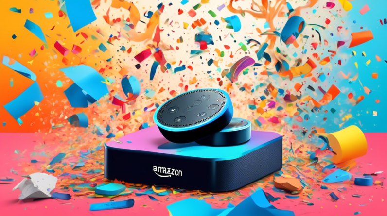 A chaotic pile of Amazon Echo Dots, Blink cameras, and Fire TV remotes with a 50% off banner and exploding confetti.