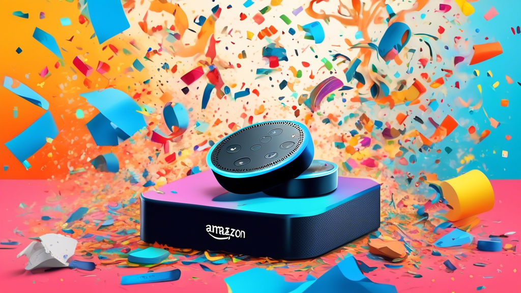 A chaotic pile of Amazon Echo Dots, Blink cameras, and Fire TV remotes with a 50% off banner and exploding confetti.