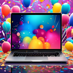 A gleaming new M3 Macbook Pro with a Best Buy price tag hanging off it, showing a $500 discount, set against a backdrop of confetti and celebratory balloons.