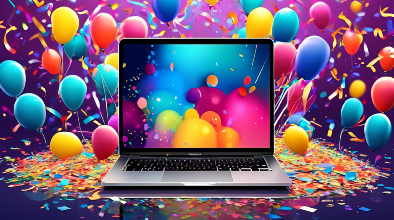 A gleaming new M3 Macbook Pro with a Best Buy price tag hanging off it, showing a $500 discount, set against a backdrop of confetti and celebratory balloons.
