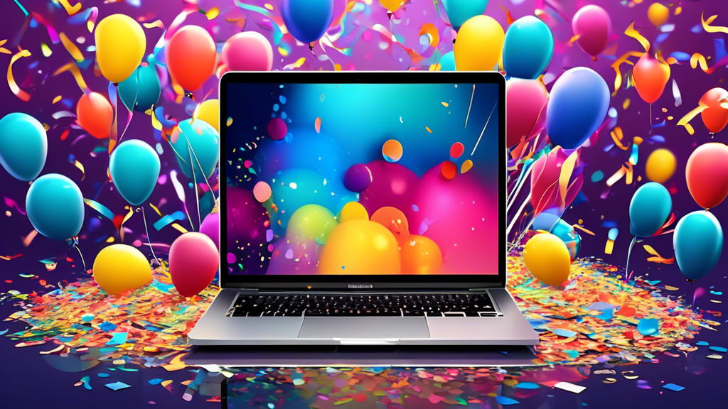 A gleaming new M3 Macbook Pro with a Best Buy price tag hanging off it, showing a $500 discount, set against a backdrop of confetti and celebratory balloons.