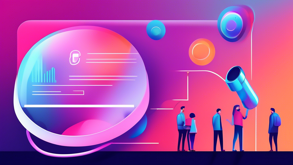 A futuristic magnifying glass hovering over a search bar, with the OpenAI logo embedded in the glass and a line of people waiting to use it.