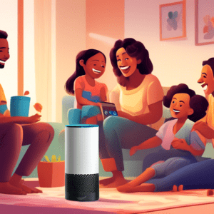 A family gathered around an Amazon Echo, smiling and interacting with the device.