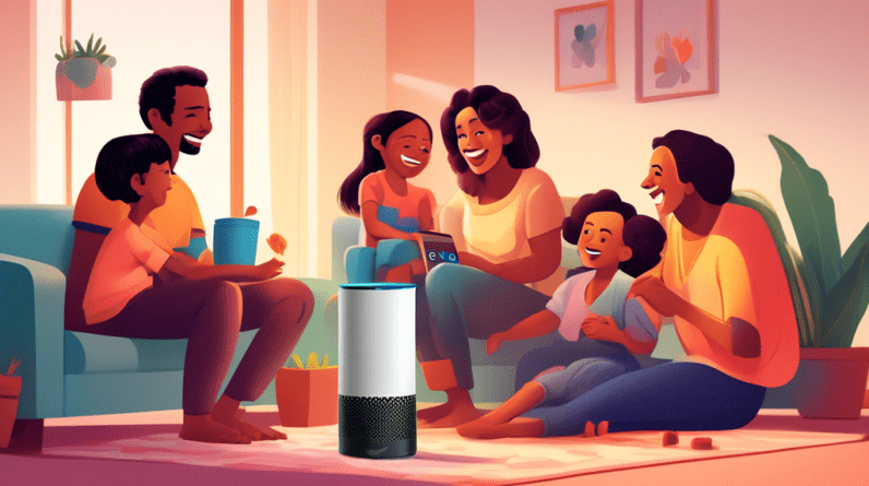 A family gathered around an Amazon Echo, smiling and interacting with the device.