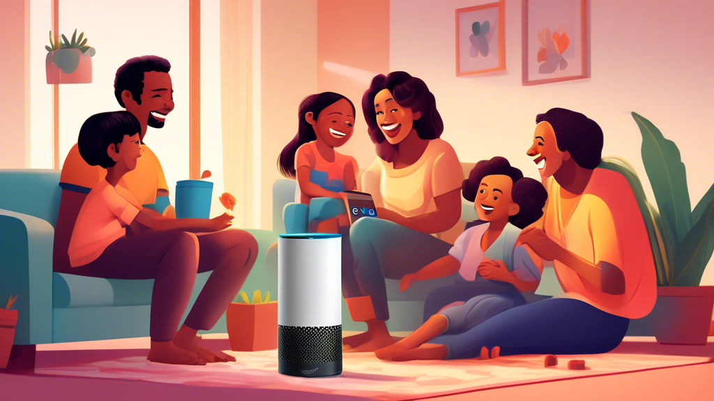 A family gathered around an Amazon Echo, smiling and interacting with the device.