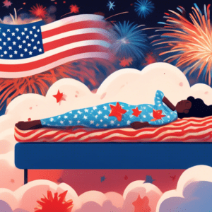 A blissful person sleeping soundly on their side, on a cloud-like mattress topper adorned with subtle American flag patterns, with a 58% off tag floating beside it and fireworks exploding in the backg