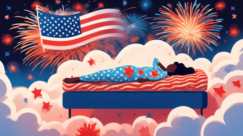 A blissful person sleeping soundly on their side, on a cloud-like mattress topper adorned with subtle American flag patterns, with a 58% off tag floating beside it and fireworks exploding in the backg