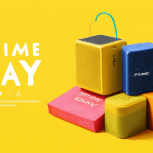 A tiny Sony Bluetooth speaker overflowing with shopping bags against a bright yellow background with the text Prime Day Deal in the corner.