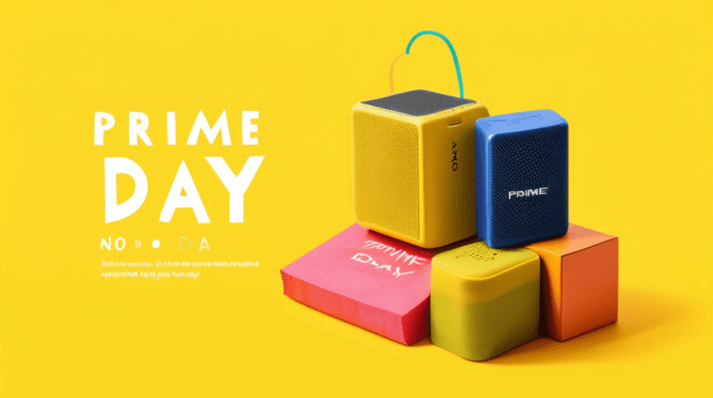 A tiny Sony Bluetooth speaker overflowing with shopping bags against a bright yellow background with the text Prime Day Deal in the corner.