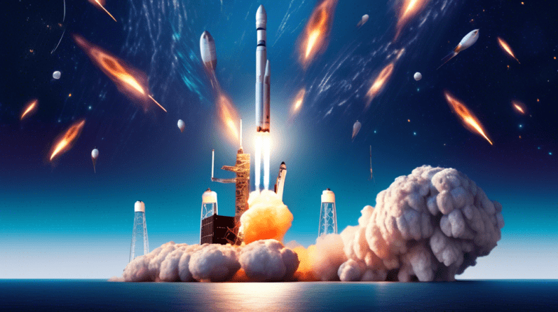 A Falcon 9 rocket launch with a Starlink satellite deployment anomaly, showing some satellites off course or exploding, with Earth in the background