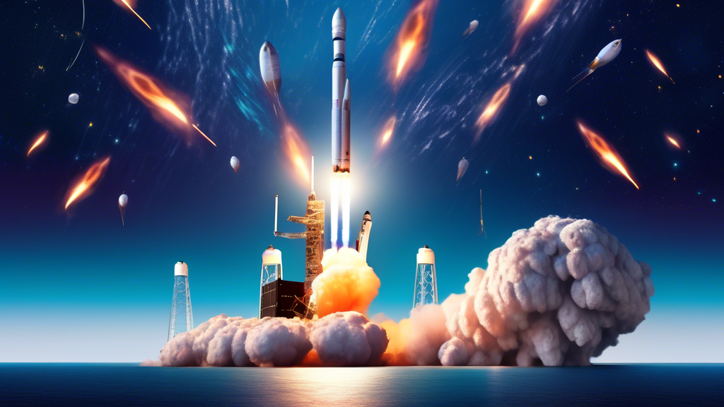 A Falcon 9 rocket launch with a Starlink satellite deployment anomaly, showing some satellites off course or exploding, with Earth in the background