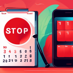 A giant smartphone screen with a calendar app open, a red STOP sign covering the word Procrastination on the calendar, and a person with a magnifying glass examining the app with a focused expression.