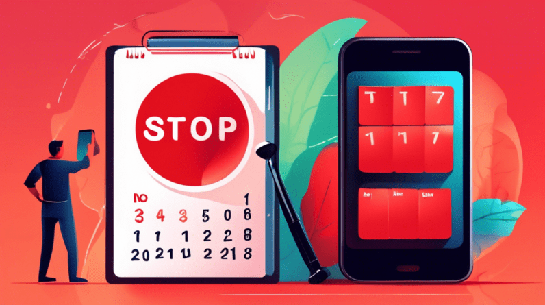 A giant smartphone screen with a calendar app open, a red STOP sign covering the word Procrastination on the calendar, and a person with a magnifying glass examining the app with a focused expression.