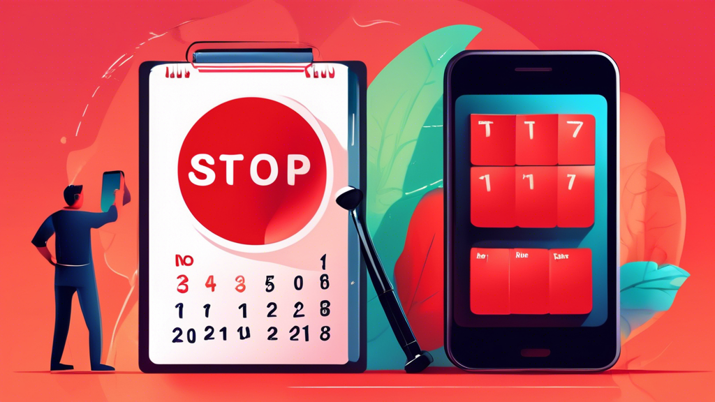 A giant smartphone screen with a calendar app open, a red STOP sign covering the word Procrastination on the calendar, and a person with a magnifying glass examining the app with a focused expression.