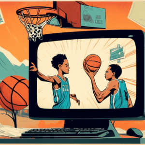 A vintage computer monitor with a streaming website open to One Tree Hill, displaying Lucas and Nathan playing basketball, surrounded by postcards from North Carolina.