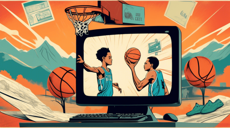 A vintage computer monitor with a streaming website open to One Tree Hill, displaying Lucas and Nathan playing basketball, surrounded by postcards from North Carolina.