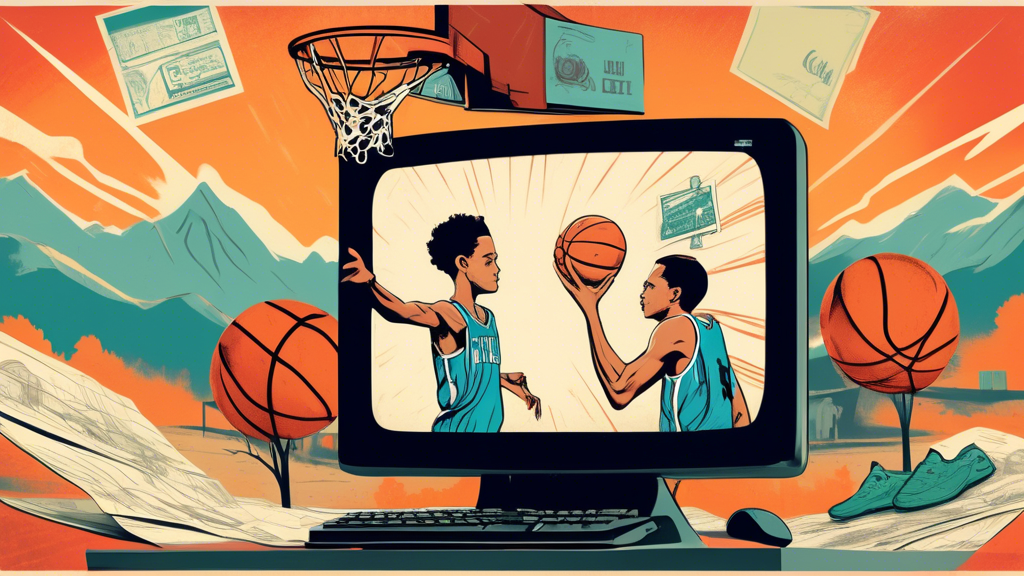 A vintage computer monitor with a streaming website open to One Tree Hill, displaying Lucas and Nathan playing basketball, surrounded by postcards from North Carolina.