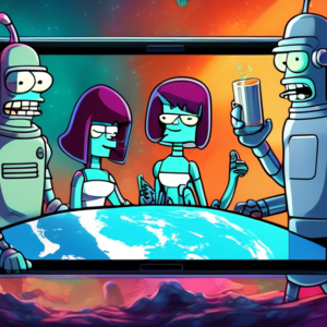 Bender, Leela and Fry huddled around a futuristic tablet, streaming a chaotic scene from a new Futurama episode with a blurred background of Earth in the year 3000.