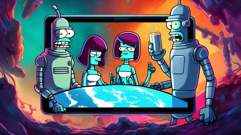 Bender, Leela and Fry huddled around a futuristic tablet, streaming a chaotic scene from a new Futurama episode with a blurred background of Earth in the year 3000.