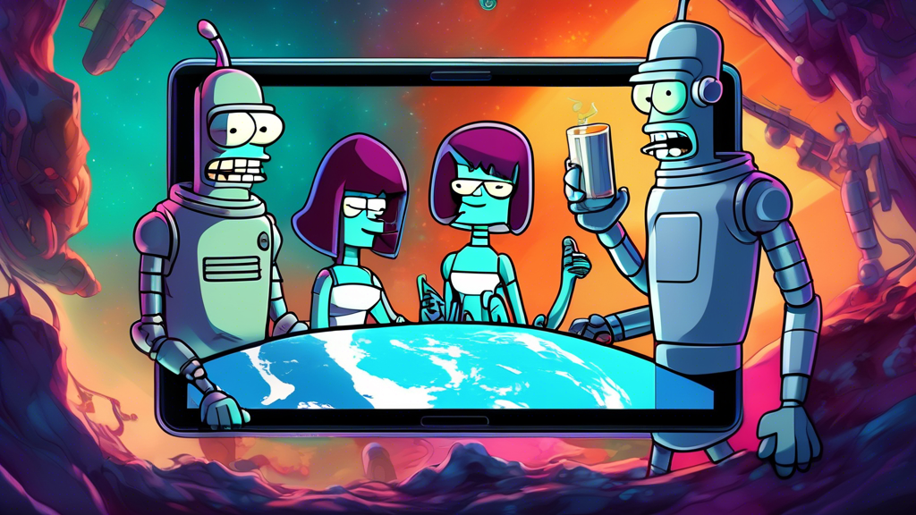 Bender, Leela and Fry huddled around a futuristic tablet, streaming a chaotic scene from a new Futurama episode with a blurred background of Earth in the year 3000.