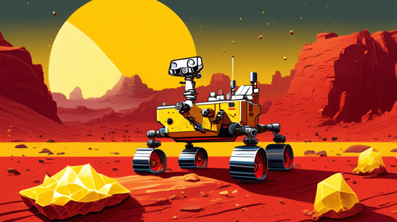 A Mars rover inspecting sparkling yellow sulfur crystals embedded in a red rock on the surface of Mars.