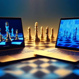 A Surface Laptop and a MacBook Air facing each other on a royal chessboard, both glowing with power, one side bathed in blue light and the other in gold light.