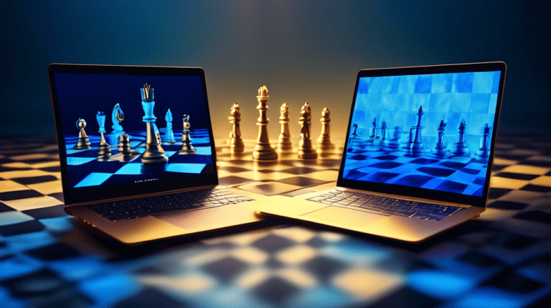 A Surface Laptop and a MacBook Air facing each other on a royal chessboard, both glowing with power, one side bathed in blue light and the other in gold light.