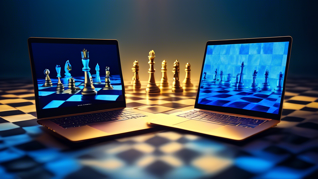 A Surface Laptop and a MacBook Air facing each other on a royal chessboard, both glowing with power, one side bathed in blue light and the other in gold light.