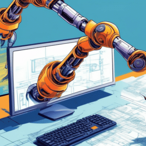 A robotic arm copying and pasting text from a computer screen onto a blueprint of a website, with a confused-looking human designer in the background.