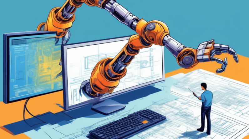 A robotic arm copying and pasting text from a computer screen onto a blueprint of a website, with a confused-looking human designer in the background.