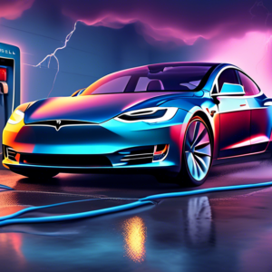 A Tesla car plugged into a wall outlet with a thick, soaking wet towel draped dangerously over the charging cable and dripping onto the floor, set against a stormy sky with lightning.