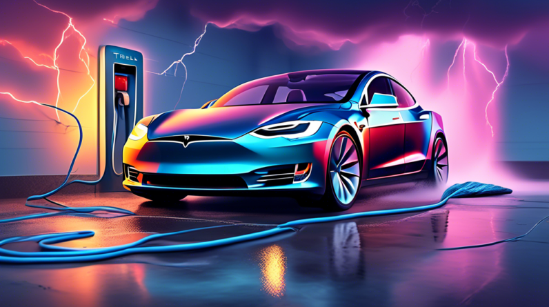 A Tesla car plugged into a wall outlet with a thick, soaking wet towel draped dangerously over the charging cable and dripping onto the floor, set against a stormy sky with lightning.