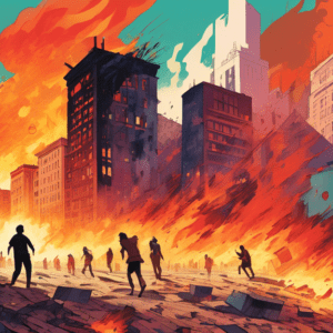 A giant digital 24 casting a long shadow over a crumbling cityscape, with panicked people running and outdated computers exploding in flames.