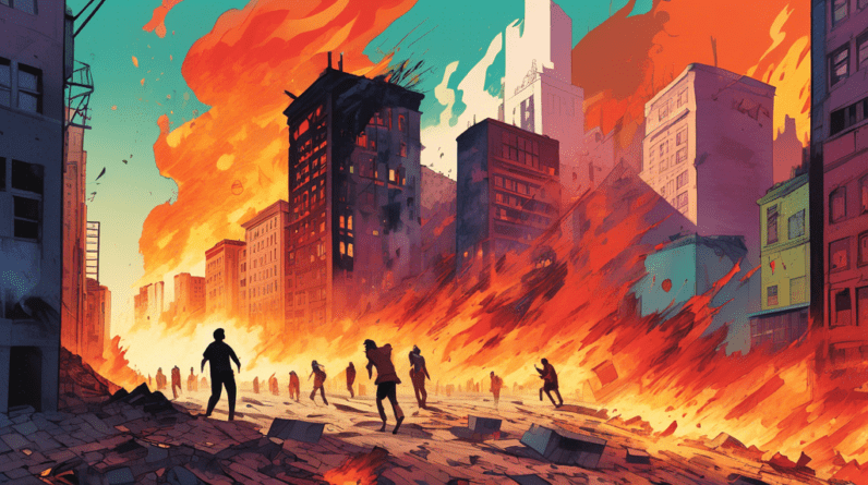 A giant digital 24 casting a long shadow over a crumbling cityscape, with panicked people running and outdated computers exploding in flames.