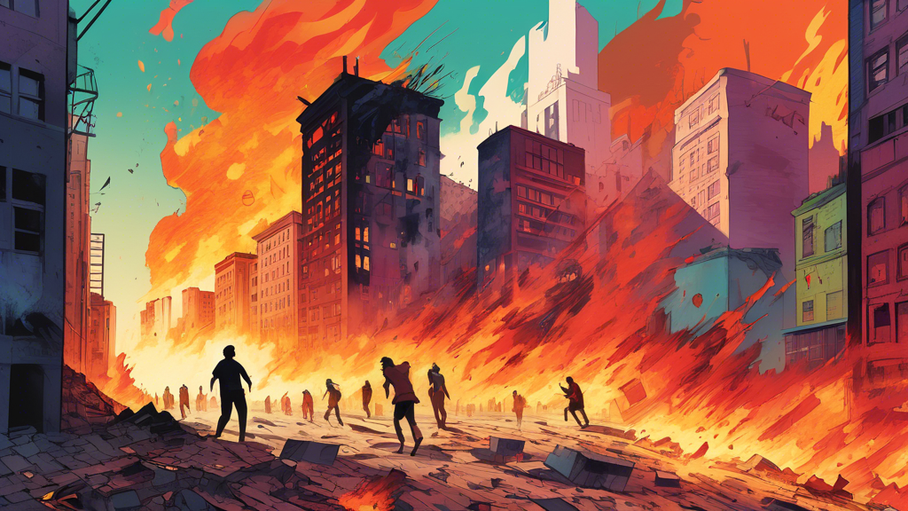 A giant digital 24 casting a long shadow over a crumbling cityscape, with panicked people running and outdated computers exploding in flames.